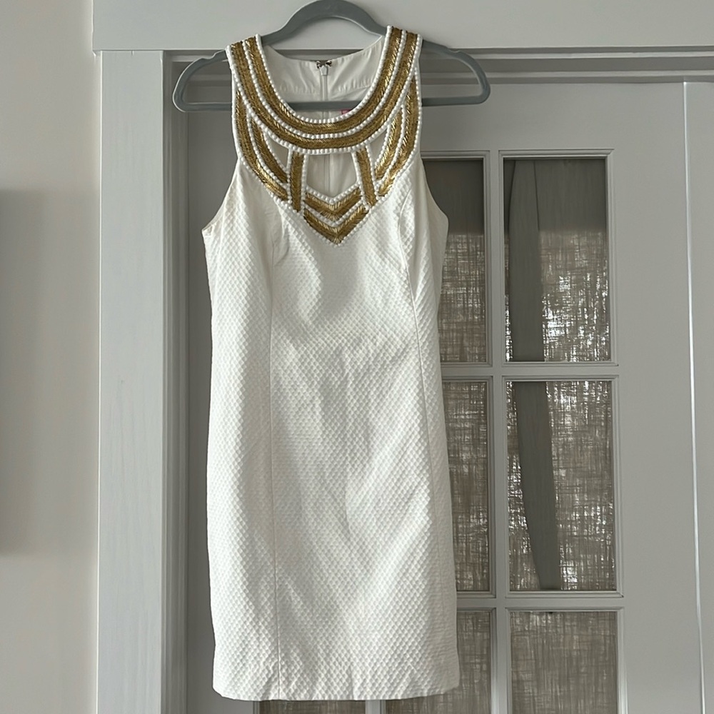 Lilly Pulitzer beaded Carlton shift in white and gold